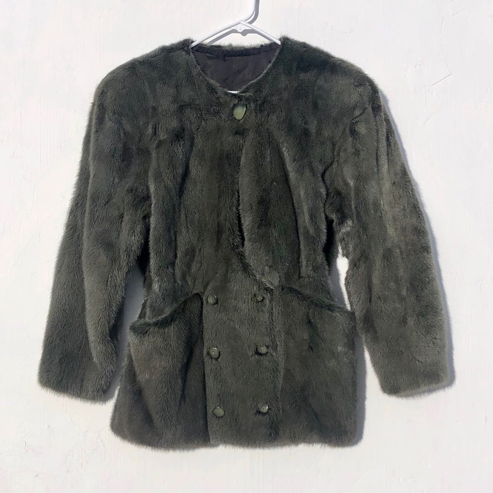 Authentic Fur Coat Oversized Shoulders Olive Green